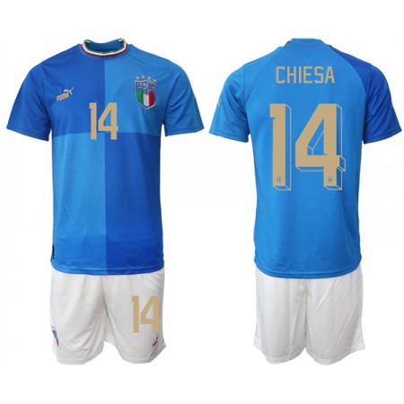 Men's Italy #14 Chiesa Blue Home Soccer Jersey Suit